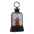 Black waterglobe lantern containing a purple witch-hatted gnome with braids standing on a jack-o'-lantern.