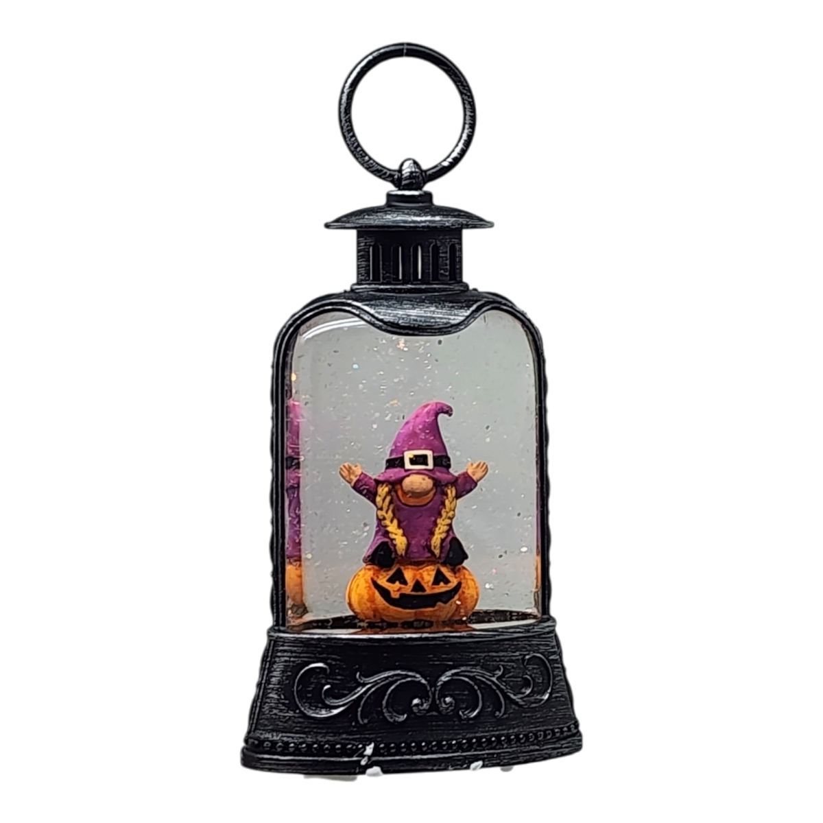 Black waterglobe lantern containing a purple witch-hatted gnome with braids standing on a jack-o'-lantern.