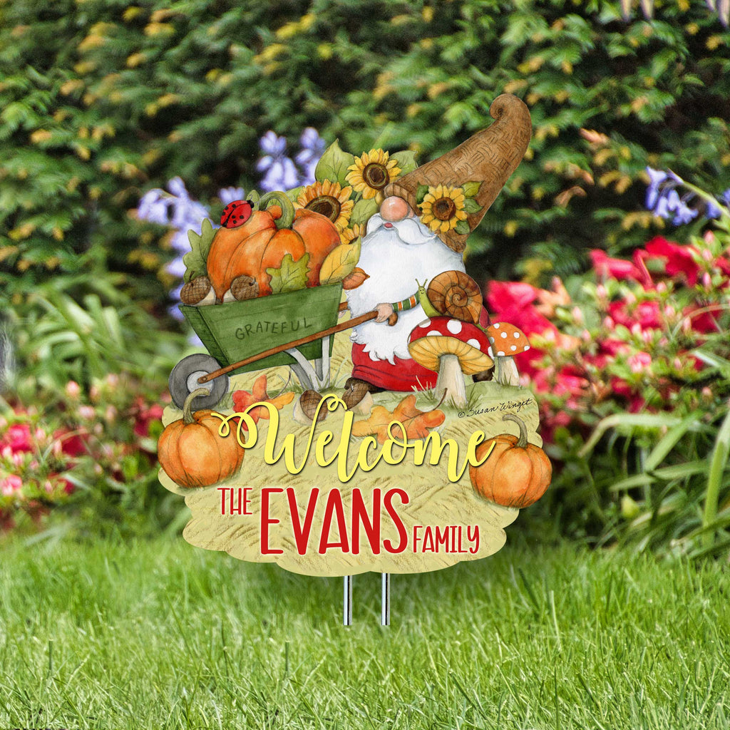 Personalized Outdoor Garden Stakes Fall Decoration - Custom Harvest Gnome Welcome Sign - Wheelbarrow Cornucopia - Handmade Gift - Thanksgiving Decor by Susan Winget