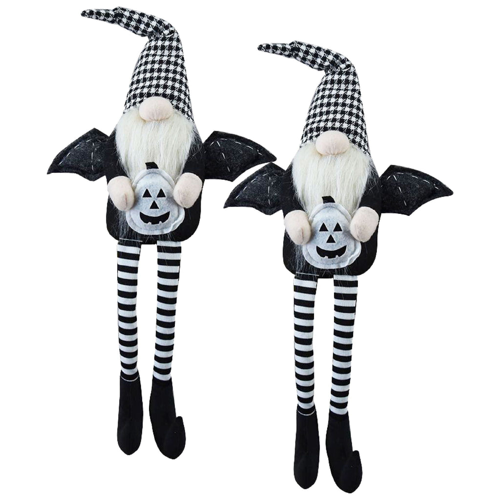 Two winged Halloween gnomes with black-and-white checked hats, white beards, striped legs and pumpkin decorations.