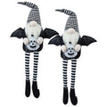 Two winged Halloween gnomes with black-and-white checked hats, white beards, striped legs and pumpkin decorations.
