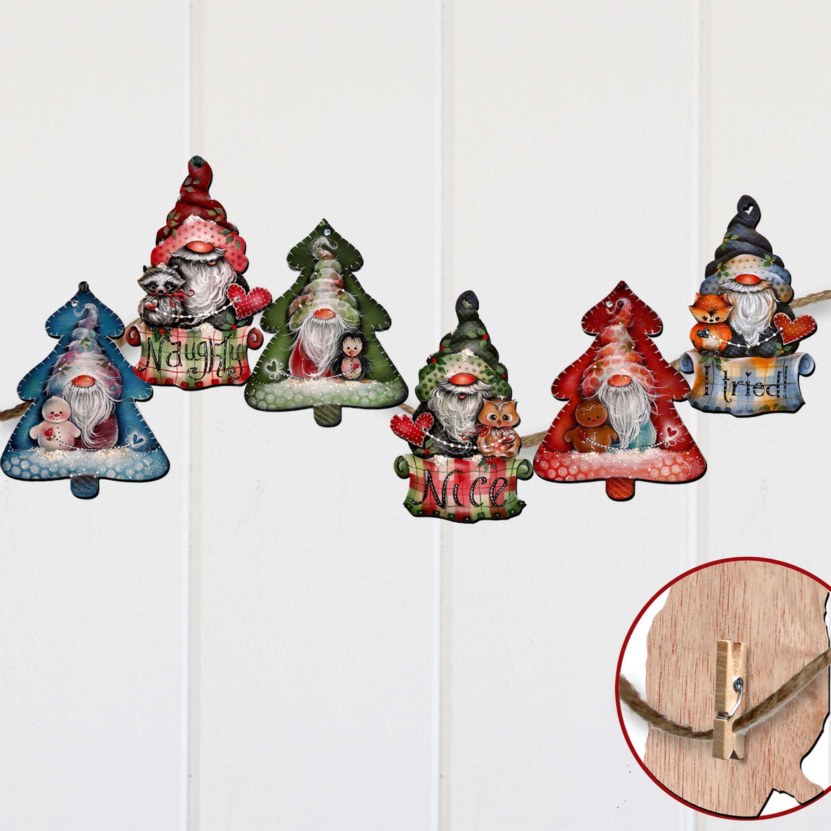 Christmas Gnomes Clip-On Eco Wood Decorative Ornaments Set of 6 by Jamie Mills-Price - Christmas Decor - 8090049C-MP-S6