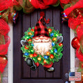 Christmas gnome door wreath design with a red-and-black checked hat, green foliage and colorful lights.