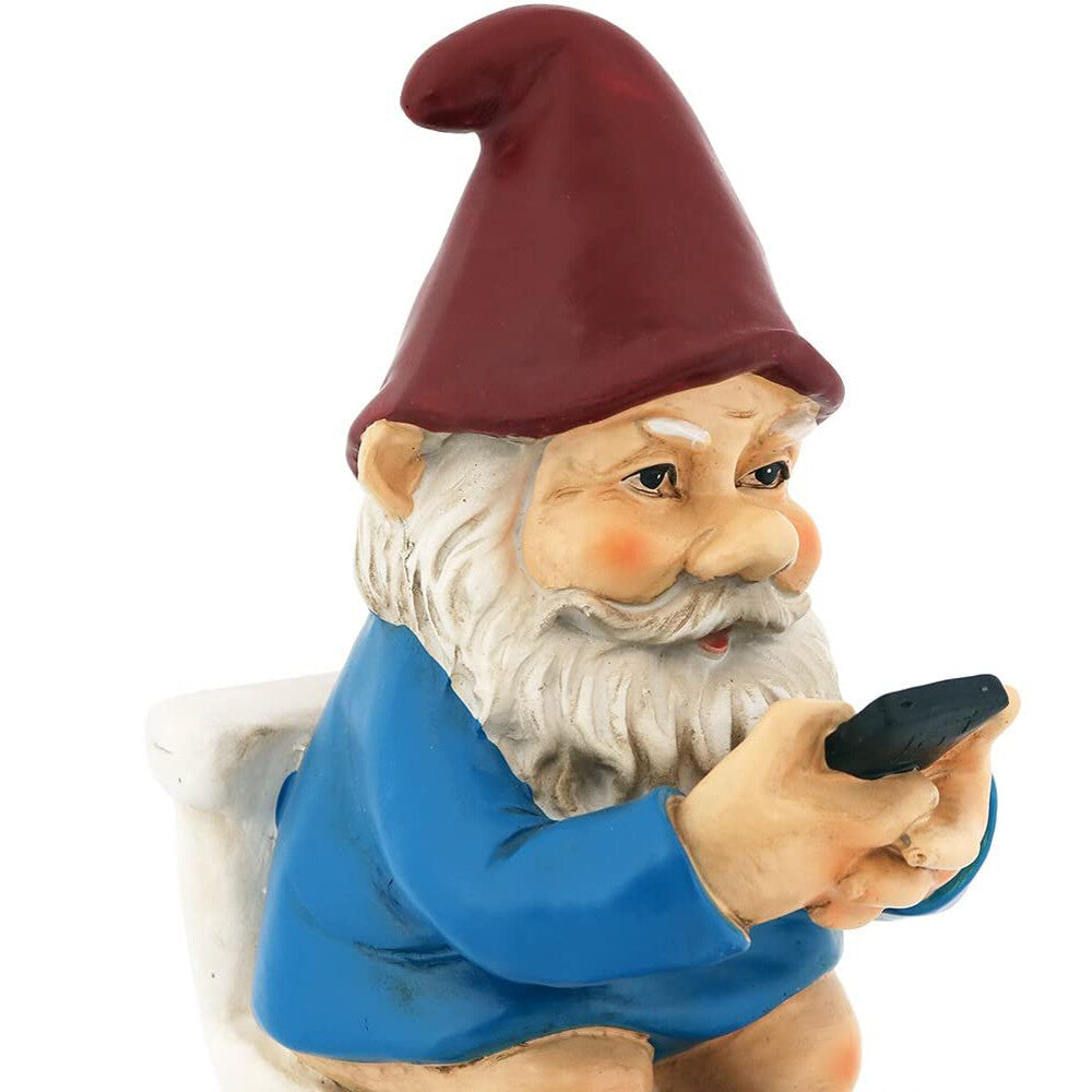 Grums the Gnome on the Toilet Playing on Phone 