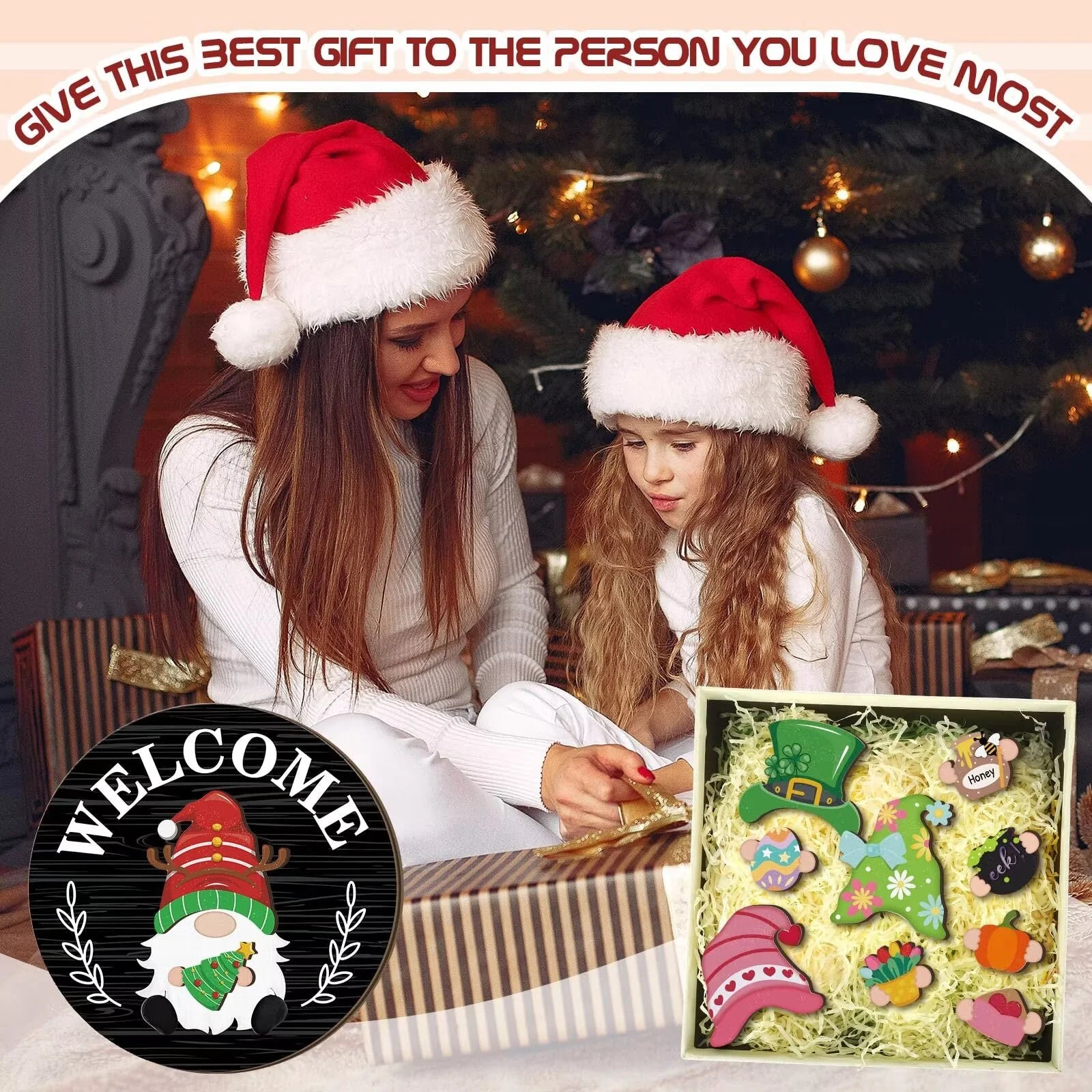 Interchangeable Wooden Gnome Decor Holiday Seasonal Gnome Decorations with Magnet Pieces and Detachable Hats Changeable Welcome Sign for Home