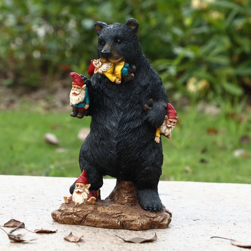 Gnomes in Trouble with Bear Garden Statue