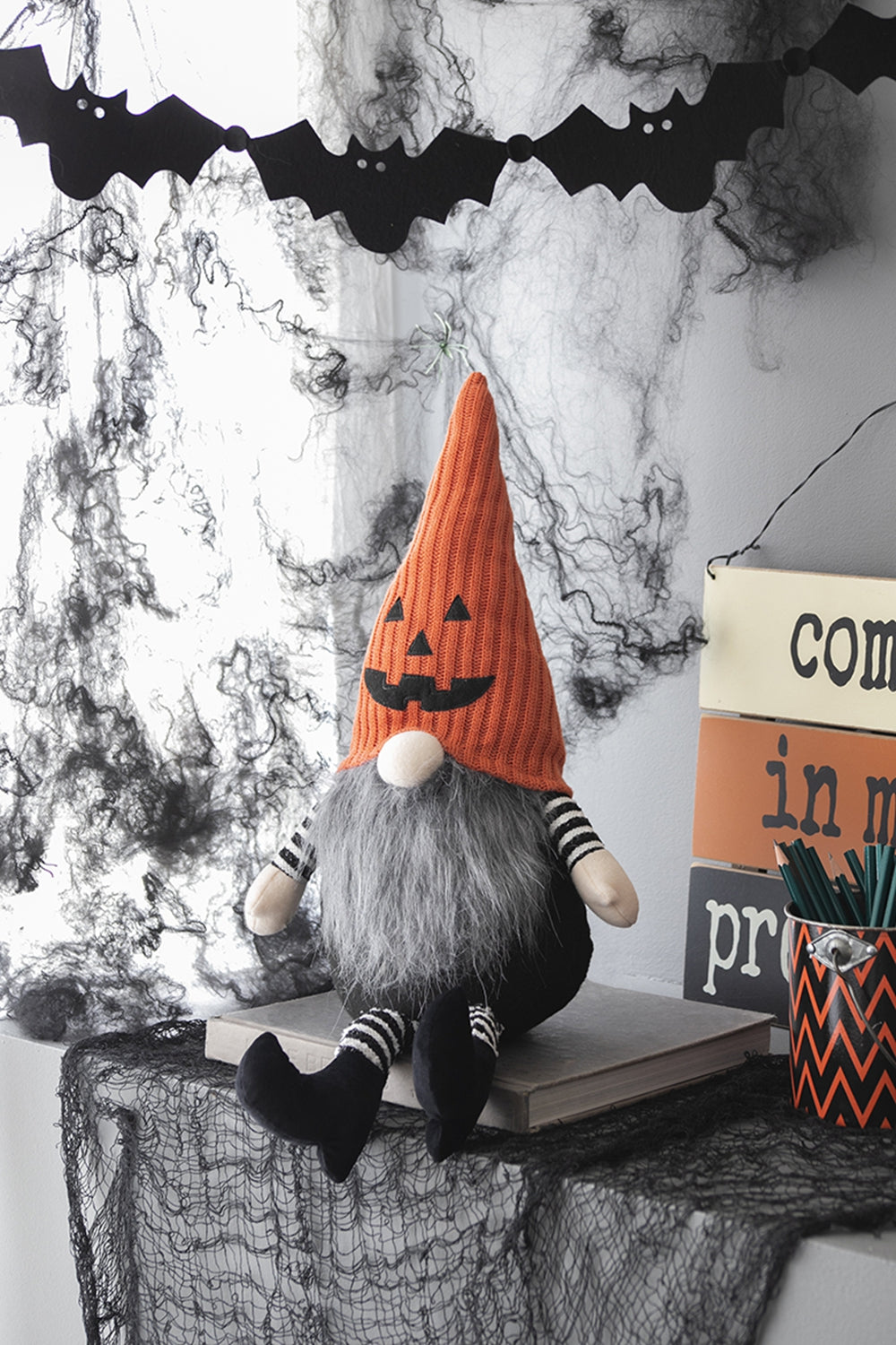 Set of 2 Fabric Sitting Gnomes with Jack-o-Lantern Detail - Orange