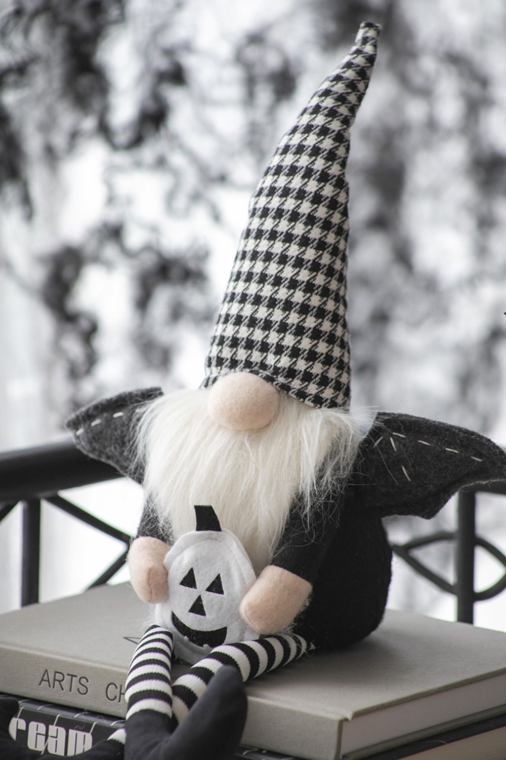 Sitting Gnome with Wings & Plaid Hat – Set of 2, Black, Halloween Decor