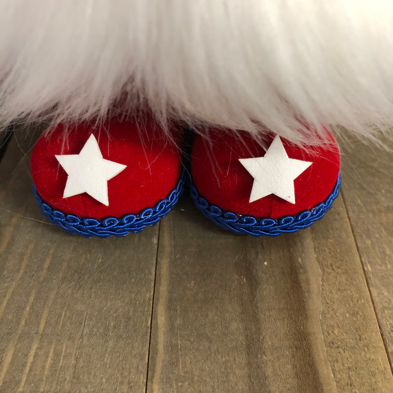 Red slippers with white stars and blue trim on a wooden floor.