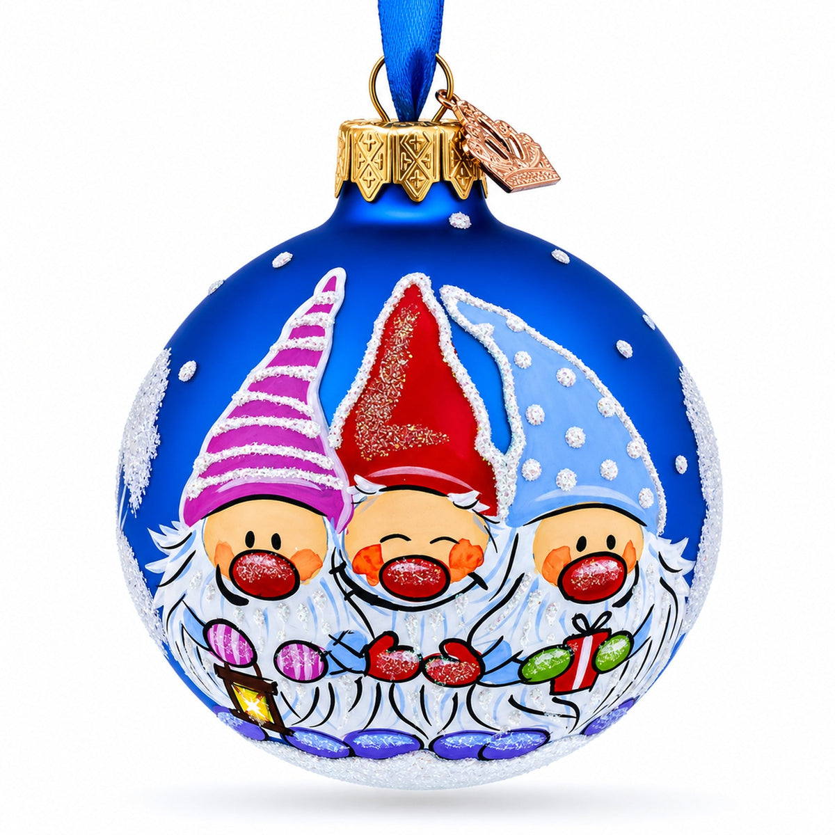 Blue glass ball Christmas ornament painted with three gnomes in colorful hats, with a blue hanging ribbon.