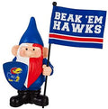 Kansas Jayhawks gnome in blue with a team-logo shield and flag reading Beak 'Em Hawks.