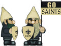 Front and side views of a black-and-gold Saints gnome with a fleur-de-lis shield and Go Saints flag.