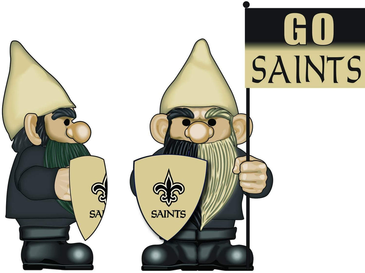Front and side views of a black-and-gold Saints gnome with a fleur-de-lis shield and Go Saints flag.