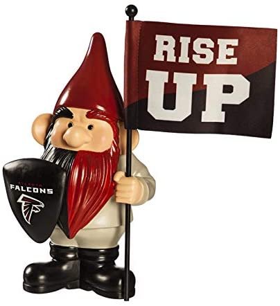Atlanta Falcons gnome with a red hat, black logo shield and red-and-black flag reading Rise Up.