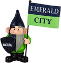 Seattle Seahawks gnome in green and navy holding a logo shield and an Emerald City flag.