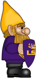 Side view of an LSU Tigers gnome in a purple coat and yellow hat holding a purple team-logo shield.