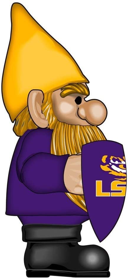 Side view of an LSU Tigers gnome in a purple coat and yellow hat holding a purple team-logo shield.