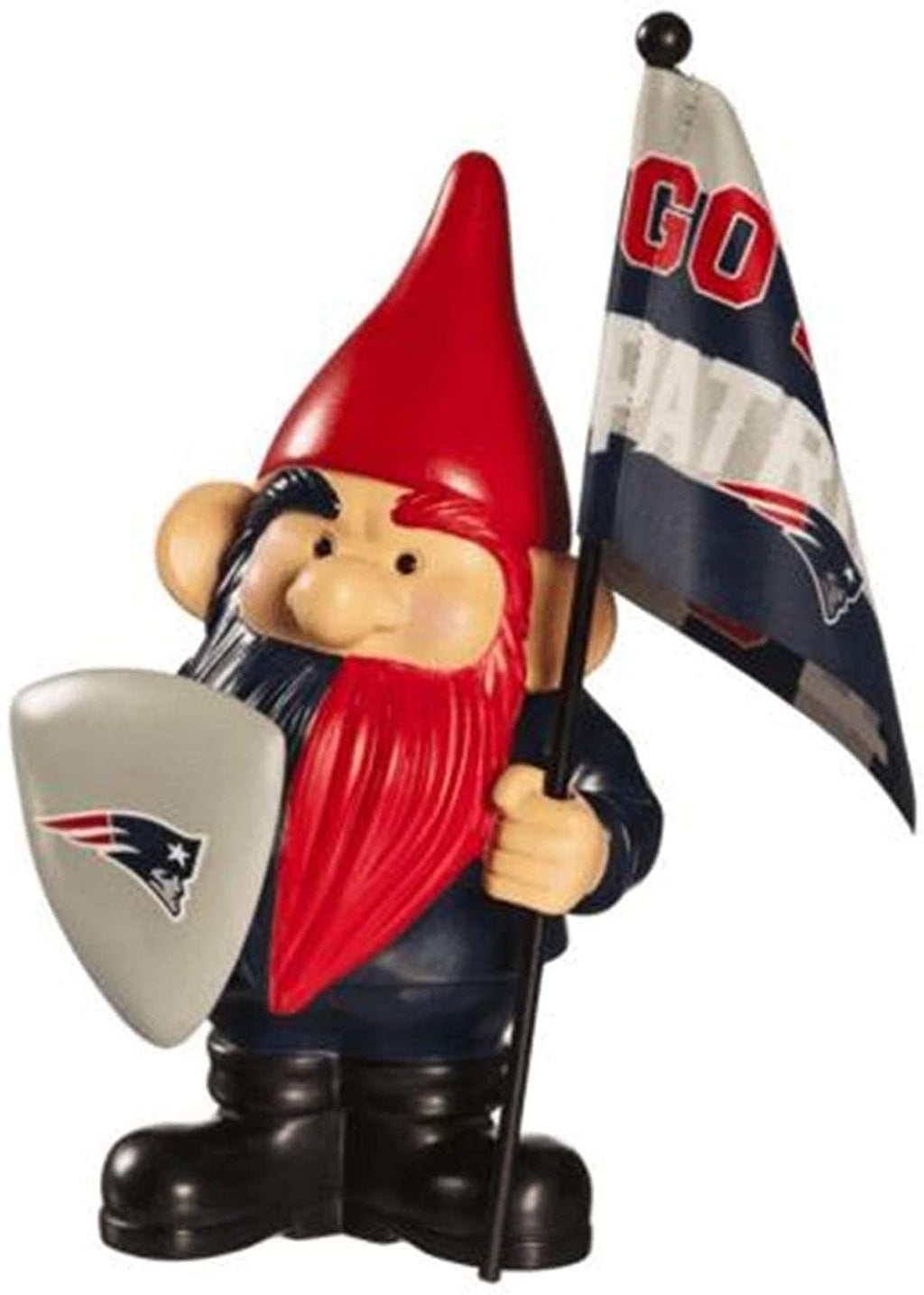 New England Patriots gnome with a red hat and beard, silver-colored logo shield, and navy team flag.