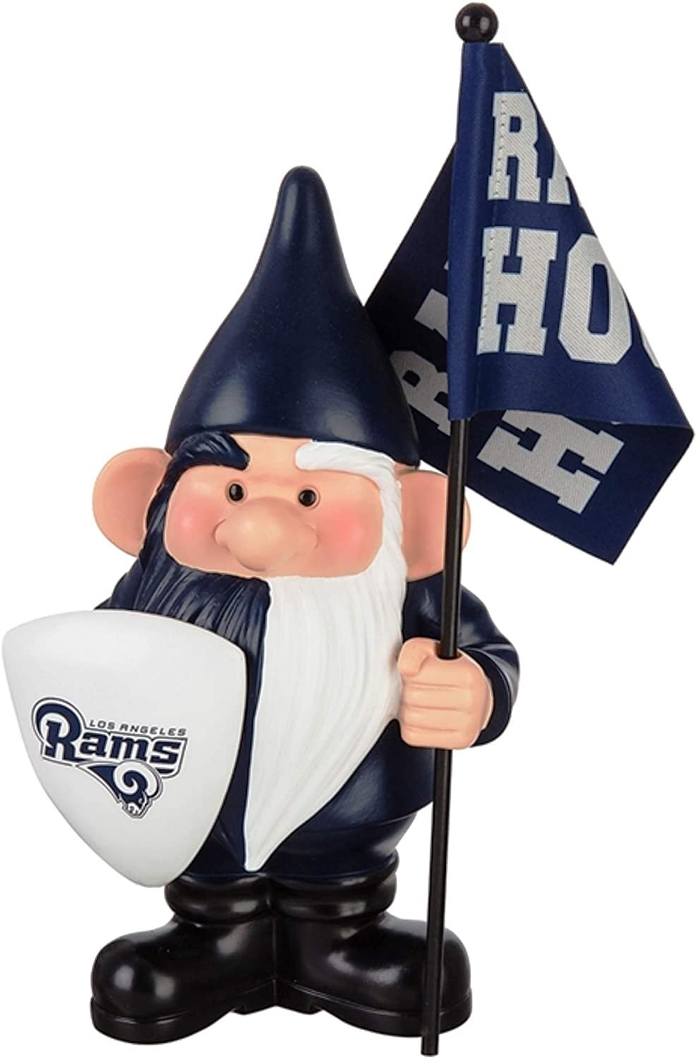 Los Angeles Rams gnome in navy with a white team-logo shield and matching flag, shown against a white background.