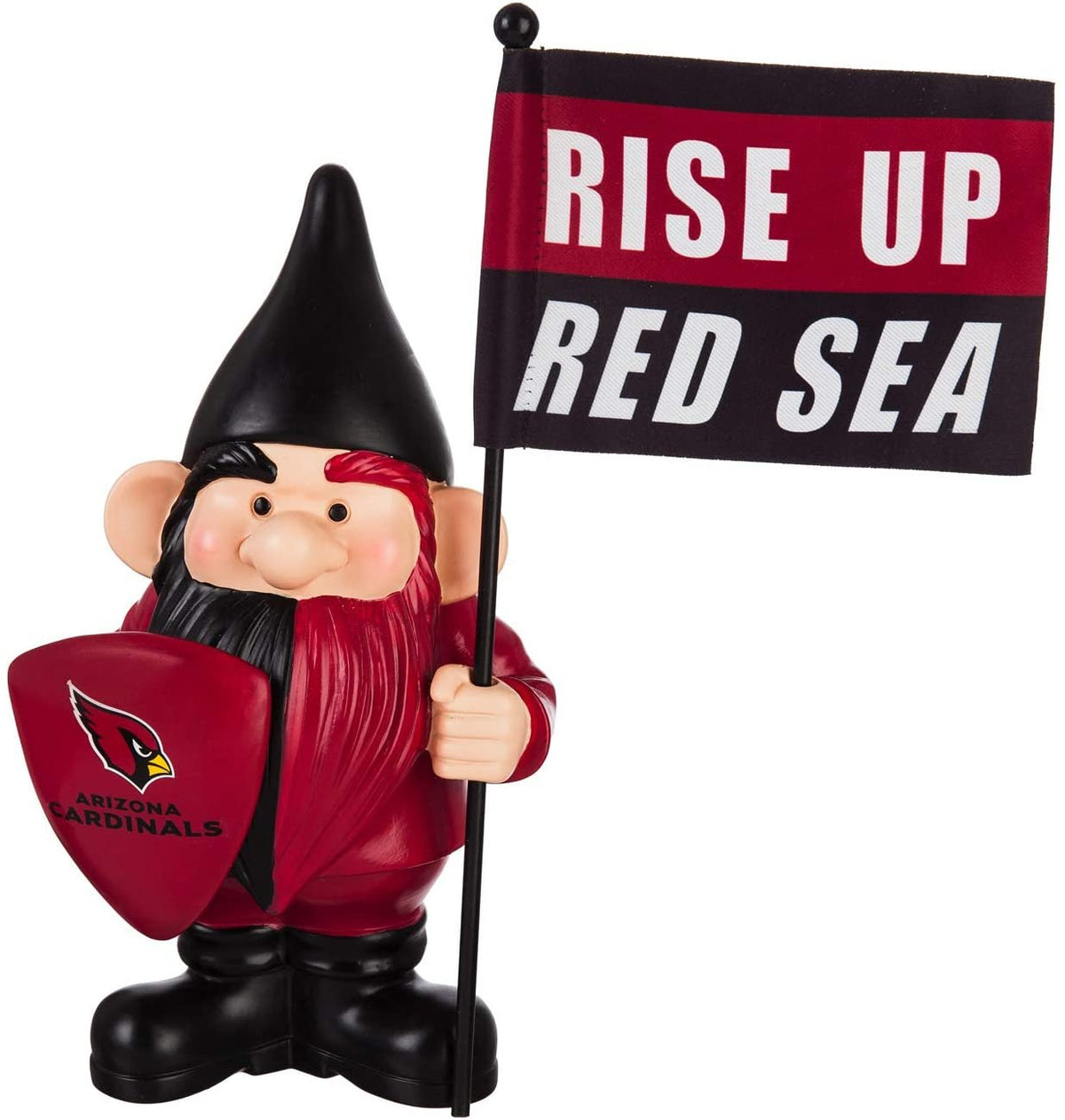 Arizona Cardinals gnome with a team-logo shield and black-and-red flag reading Rise Up Red Sea.
