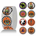 Roll and examples of round Halloween stickers featuring black cats, pumpkins, a gnome, ghost and witch hat.