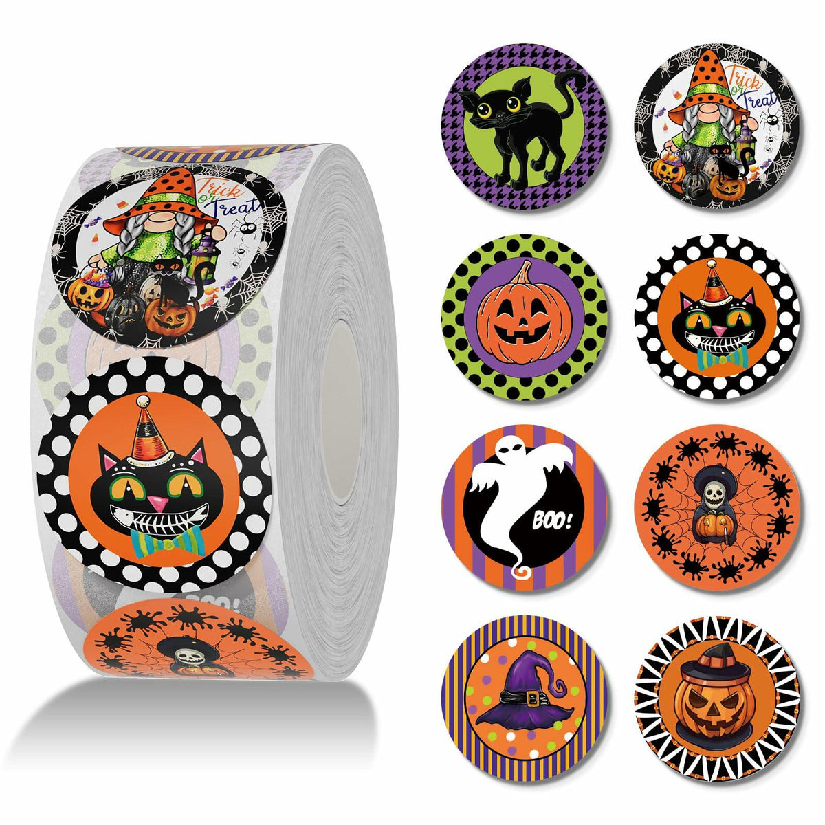 Roll and examples of round Halloween stickers featuring black cats, pumpkins, a gnome, ghost and witch hat.