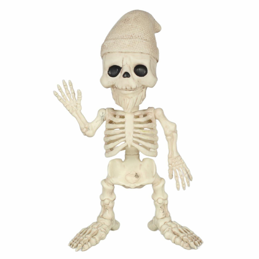 Cream-colored skeleton gnome figurine with a pointed cap, bearded skull face and raised waving hand.