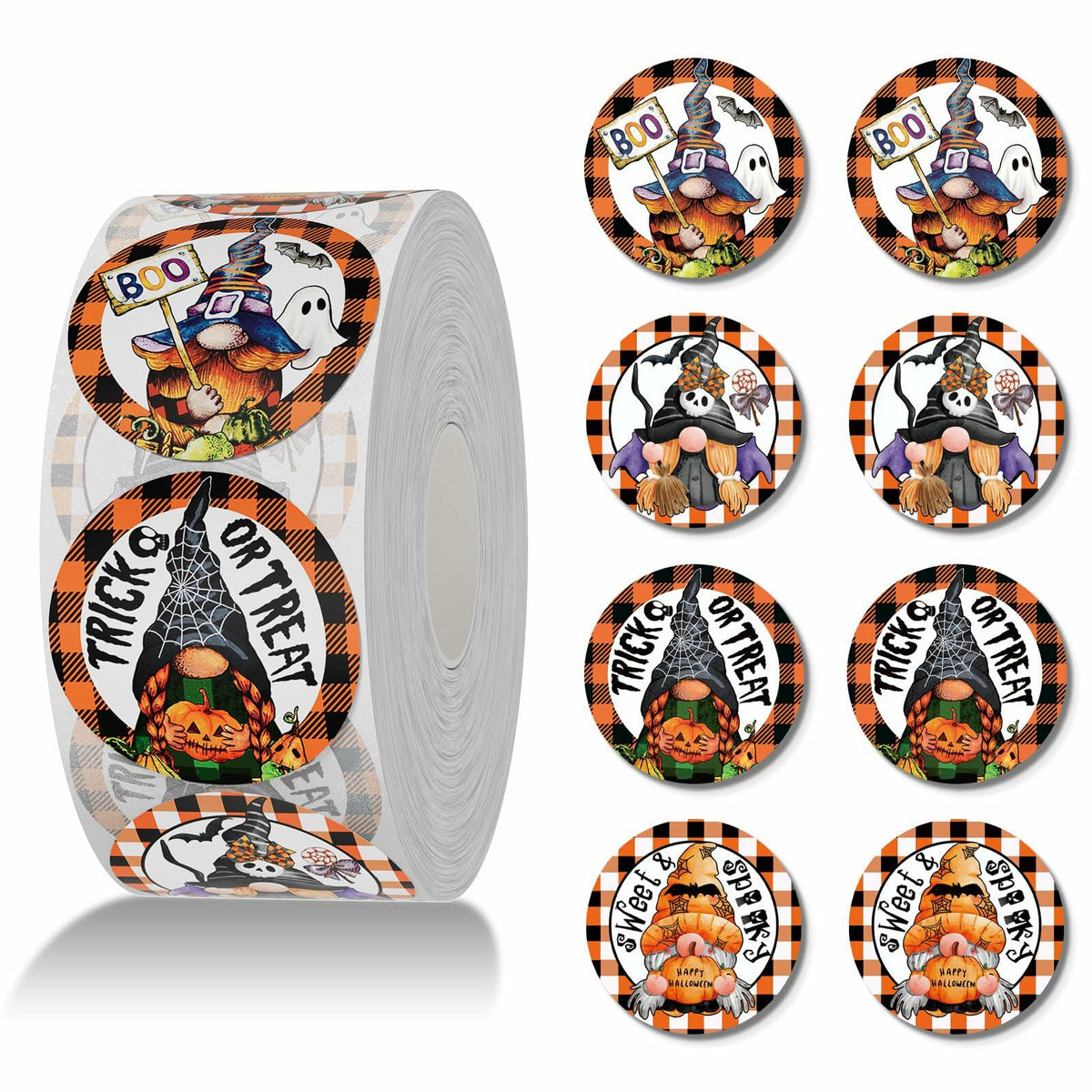 Roll of round orange-and-black Halloween gnome stickers with Boo, Trick or Treat and Sweet & Spooky designs.