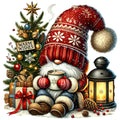 Christmas fabric panel artwork with a red-hatted gnome holding a mug beside a tree, gifts and glowing lantern.