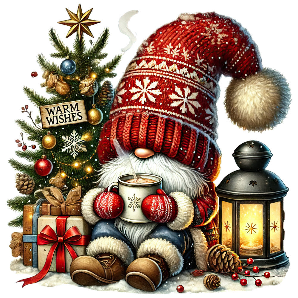Christmas fabric panel artwork with a red-hatted gnome holding a mug beside a tree, gifts and glowing lantern.