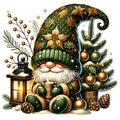 Christmas fabric panel artwork with a green-and-gold gnome, mug, lantern and ornament-covered tree.