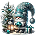 Christmas fabric panel artwork with a teal snowflake-hatted gnome holding an ornament beside a tree and lantern.