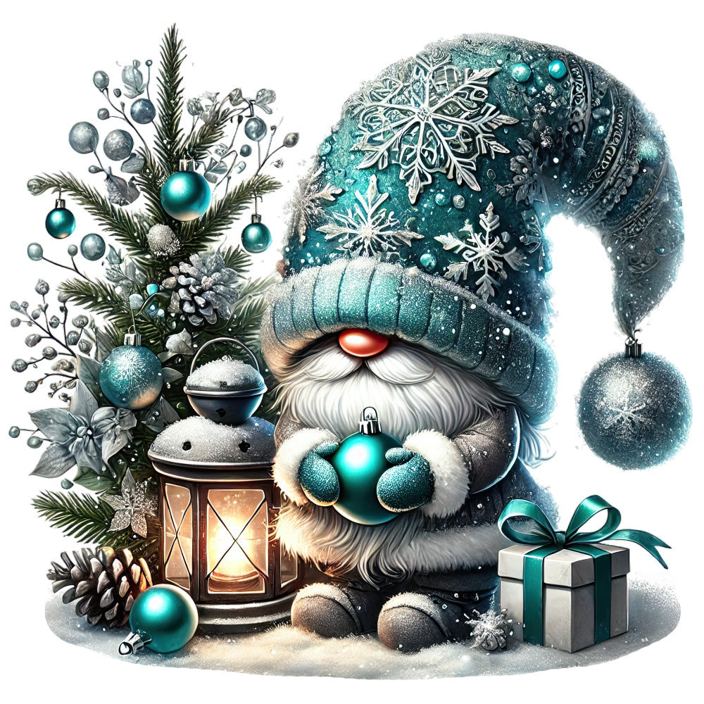 Christmas fabric panel artwork with a teal snowflake-hatted gnome holding an ornament beside a tree and lantern.