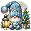 Christmas fabric panel artwork with a blue-hatted gnome holding a mug beside a blue-decorated tree and lantern.