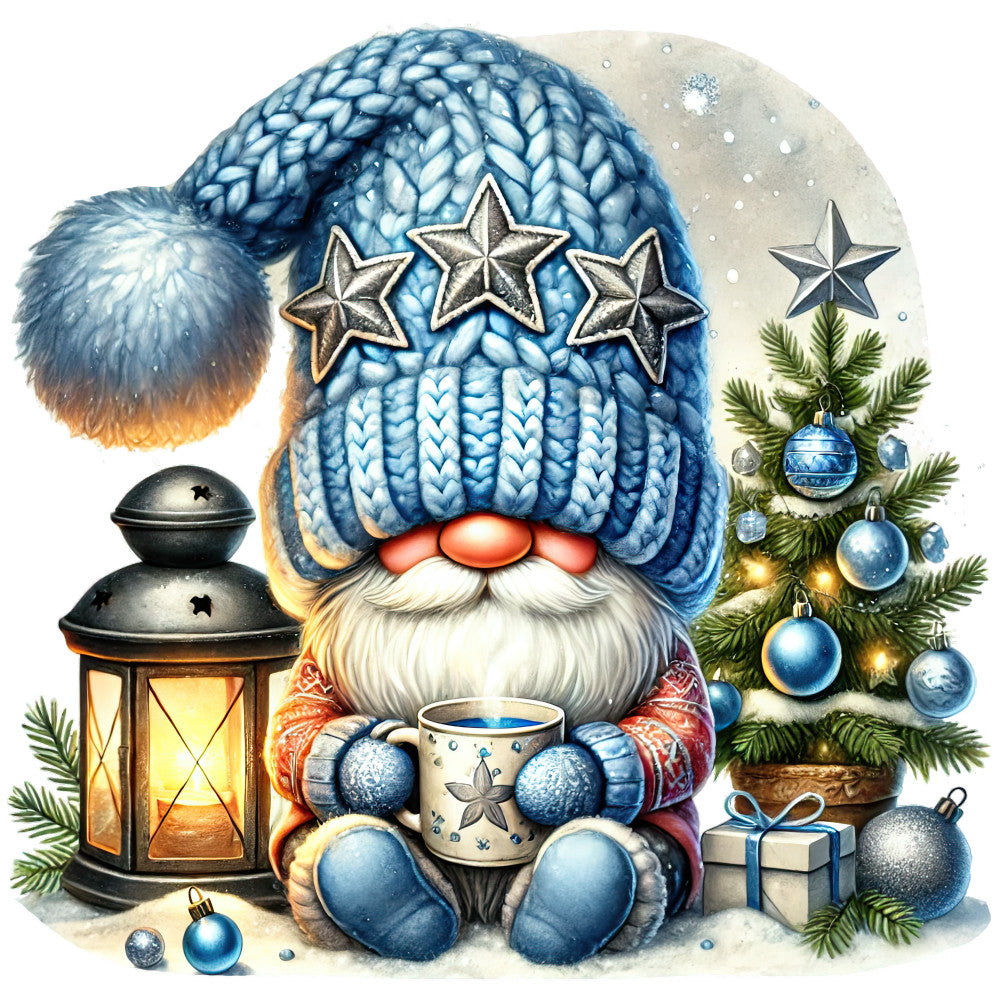 Christmas fabric panel artwork with a blue-hatted gnome holding a mug beside a blue-decorated tree and lantern.