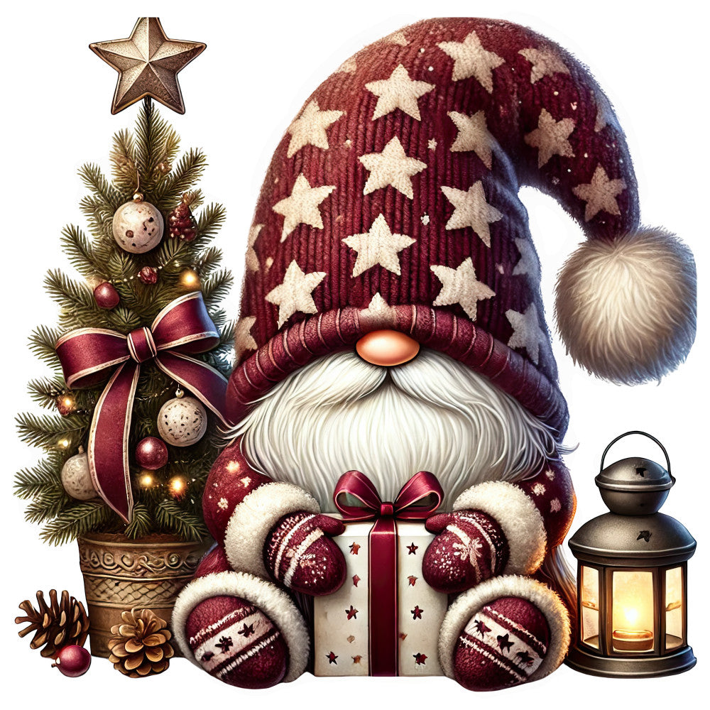 Christmas fabric panel artwork with a burgundy star-hatted gnome holding a gift beside a tree and lantern.