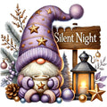Christmas fabric panel artwork with a purple star-hatted gnome, mug and lantern beside a Silent Night sign.