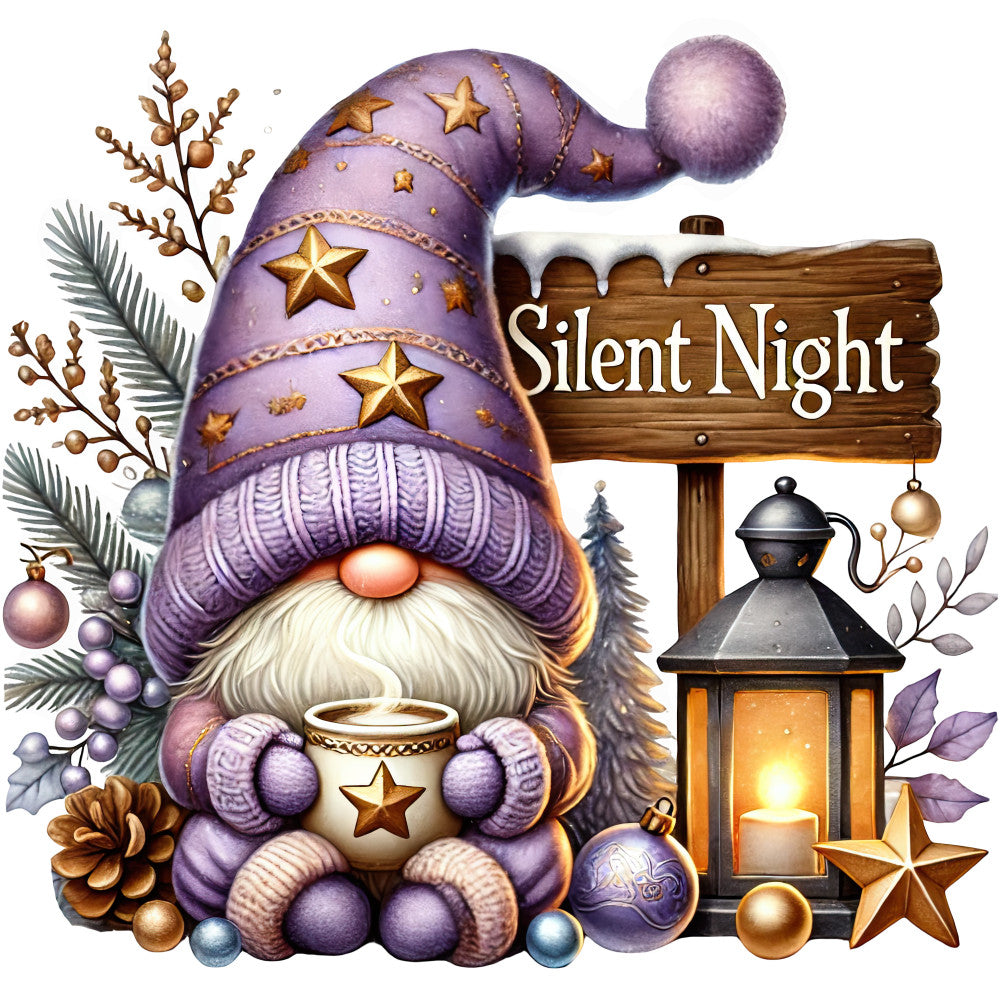 Christmas fabric panel artwork with a purple star-hatted gnome, mug and lantern beside a Silent Night sign.