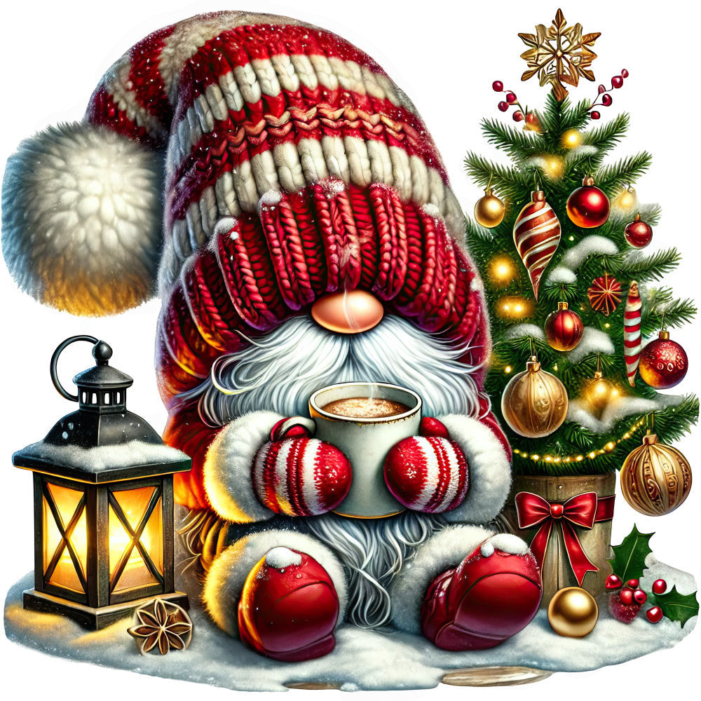 Christmas fabric panel artwork with a red-and-cream striped-hat gnome holding a mug beside a tree and lantern.