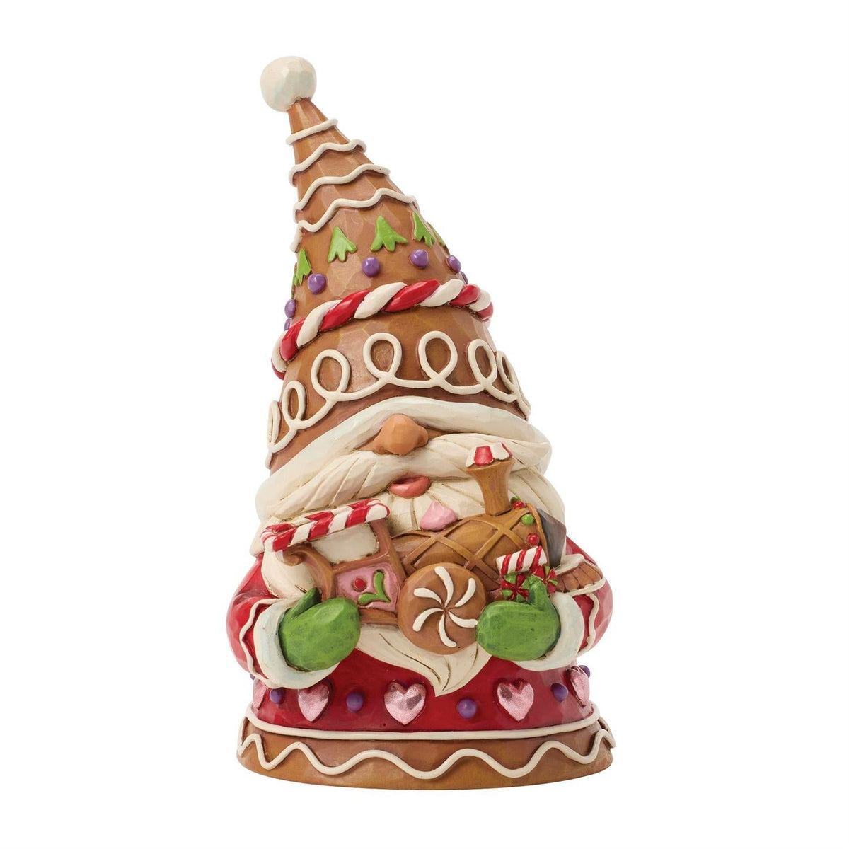 Gingerbread-style gnome figurine with an icing-patterned hat, green mittens and a candy-decorated train.